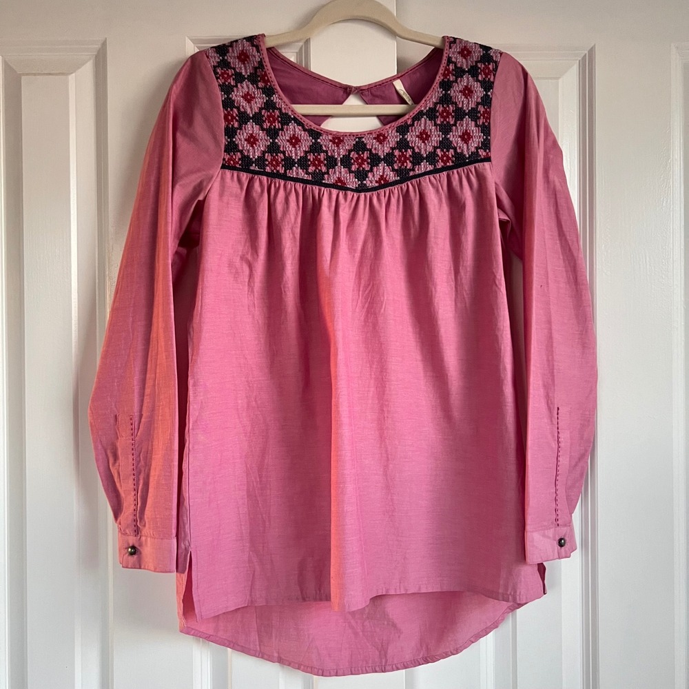 AMK Pink Embroidered Cross Stitch Boho Festival Long Sleeve Tunic Top Size S